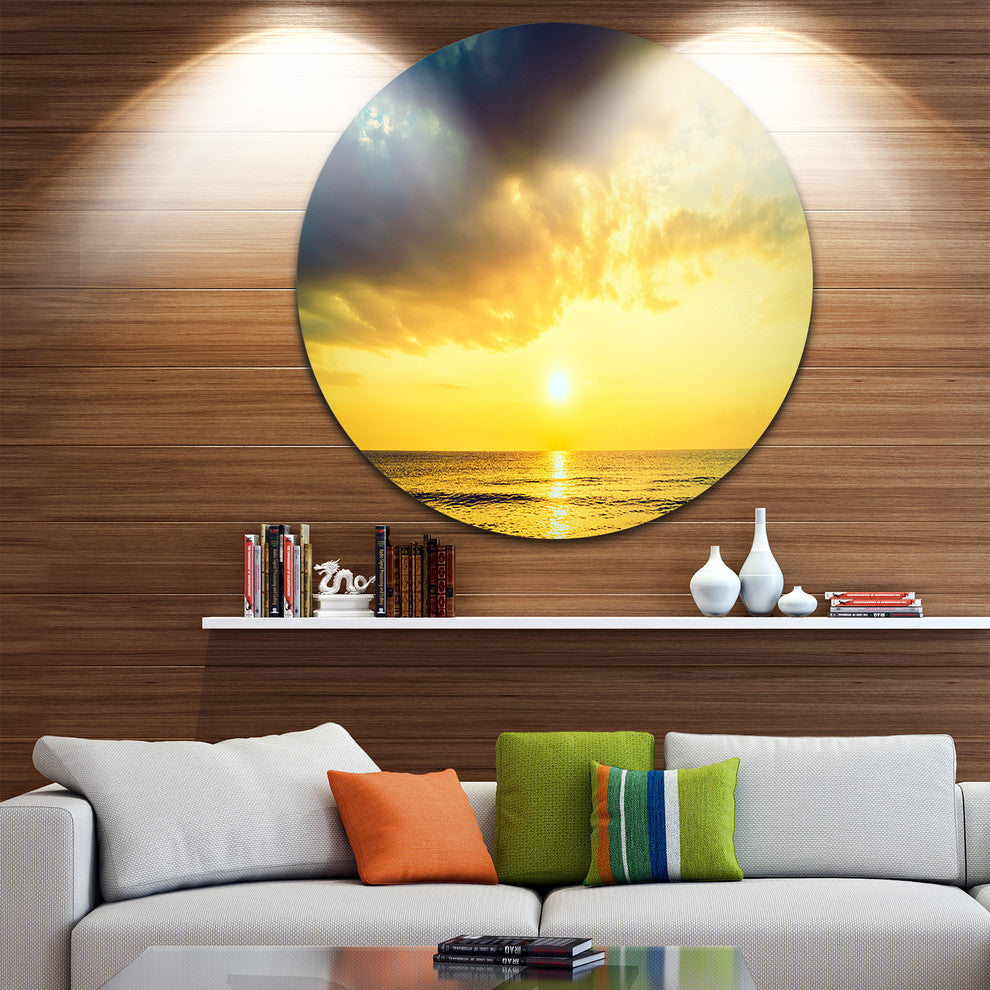 Yellowish Sky Over Serene Seashore, Seashore Disc Metal Wall Art, 23"