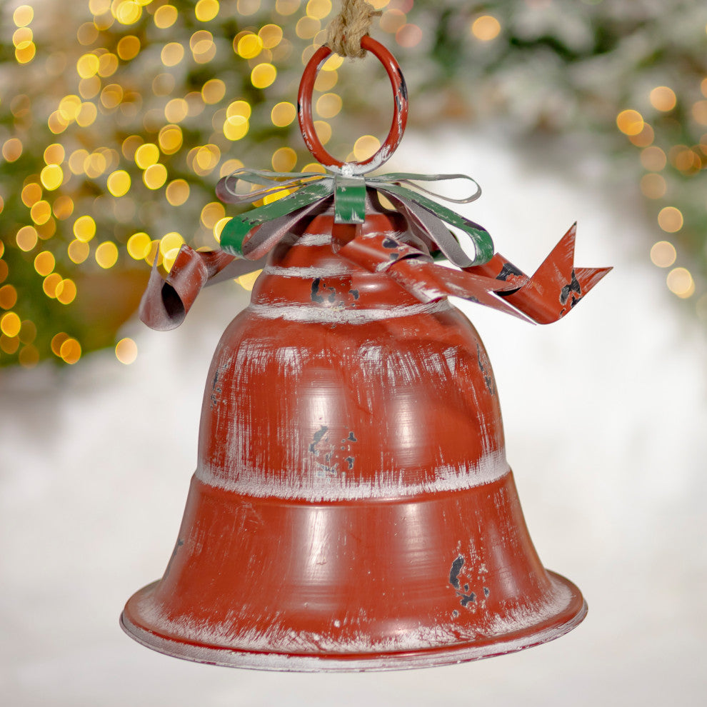 Set of 9 Assorted Sized Hanging Christmas Bells, Antique Red