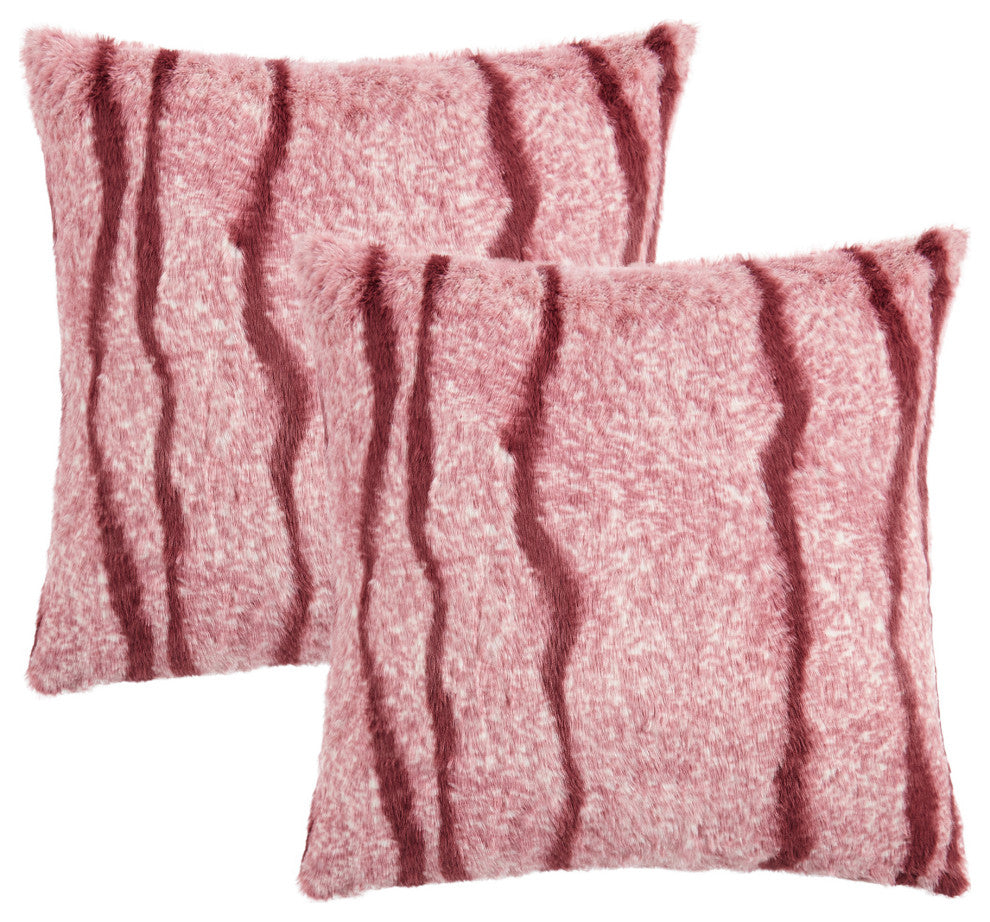 Finch Stripe Faux Fur 2 Piece Pillow Shell Sets, Woodrose, 20" X 20"