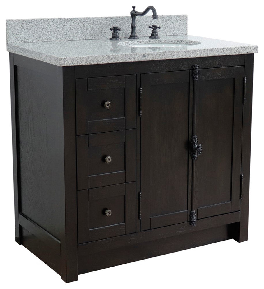37" Single Vanity, Brown Ash With Gray Granite Top, Right Doors/Right Oval Sink