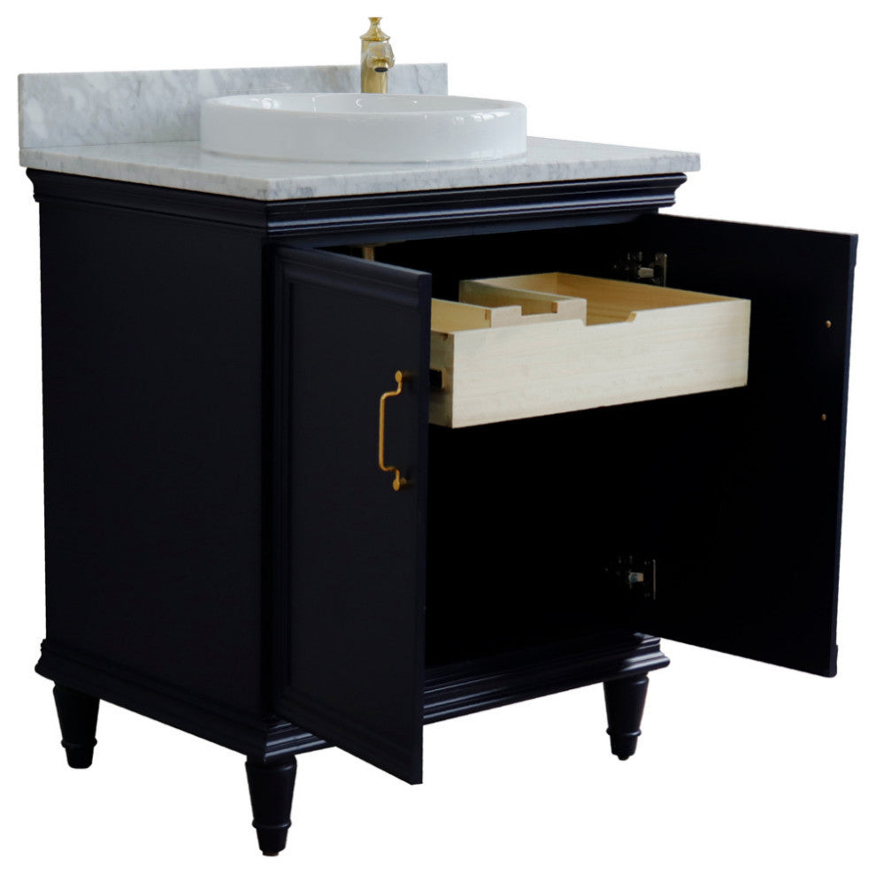 31" Single Vanity, Blue Finish With White Carrara And Round Sink