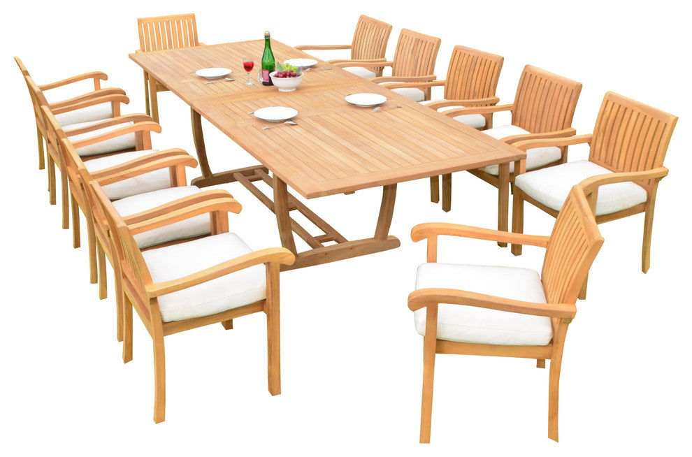 13-Piece Outdoor Teak Dining Set, 117" Rectangle Table, 12 Nain Stacking Chairs