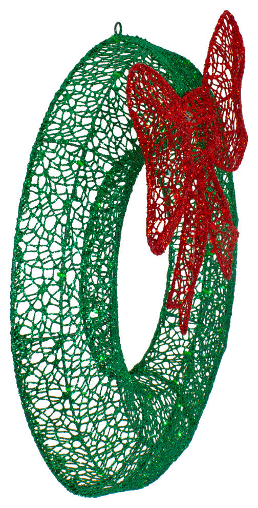 24" LED Lighted Green Glitter Wreath With Red Bow Outdoor Christmas Decoration