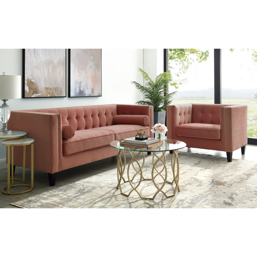 Branwen Velvet Button Tufted Sofa, Square Arms Tapered Leg, Blush