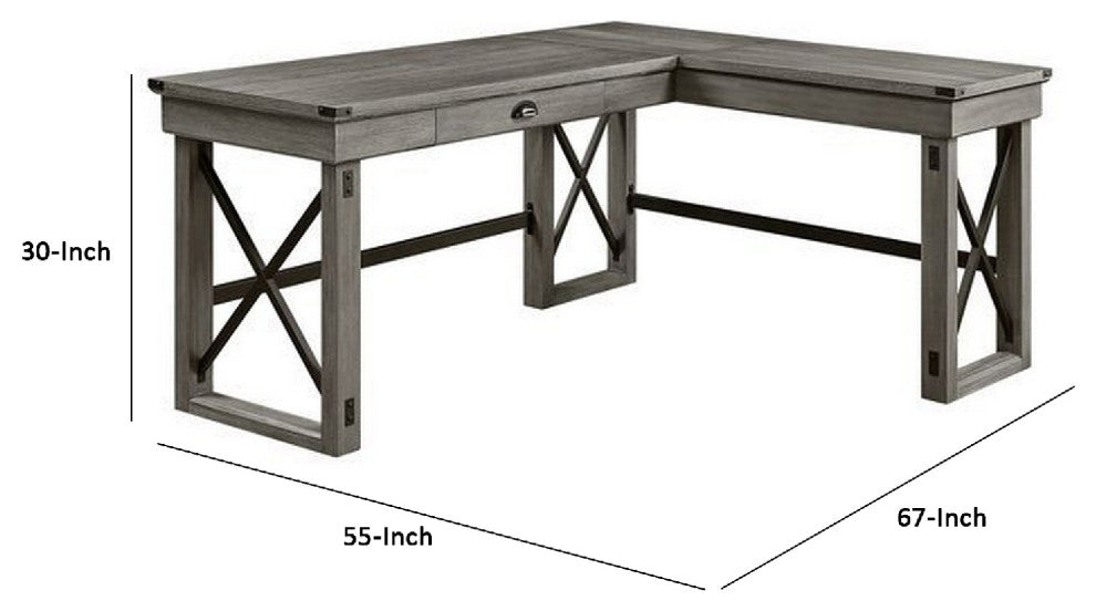 Benzara BM269055 L Shaped Writing Desk With Lift Top and Sled Base, Oak Gray