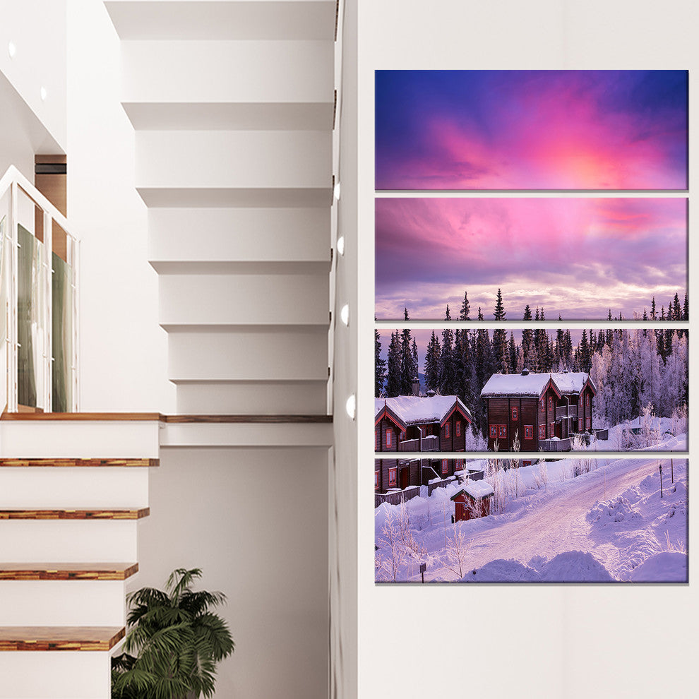 Frosty Winter Resorts in Forest, Landscape Wall Art on Canvas, 28"x48", 4 Panels