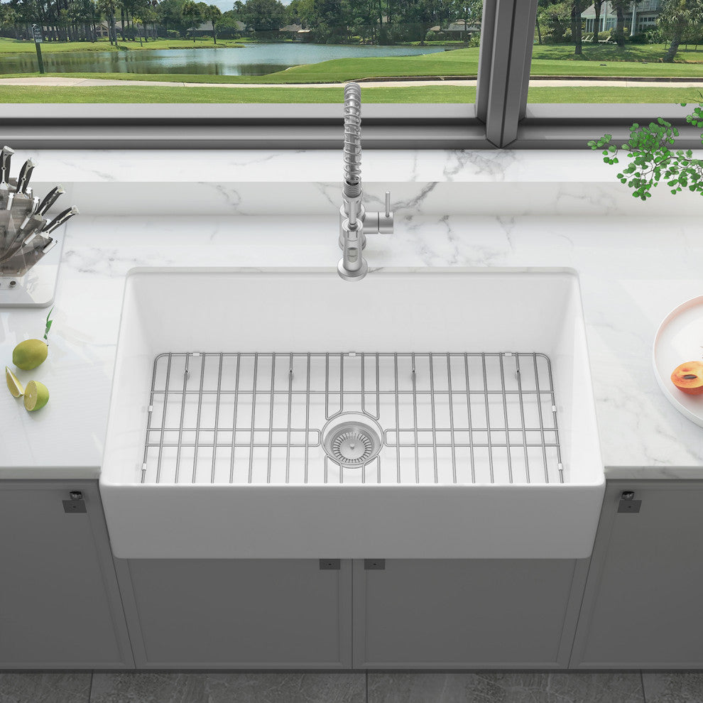 Sinber Farmhouse Apron Single Bowl Kitchen Sink with Fireclay 2 Accessories, White, 36" X 20"