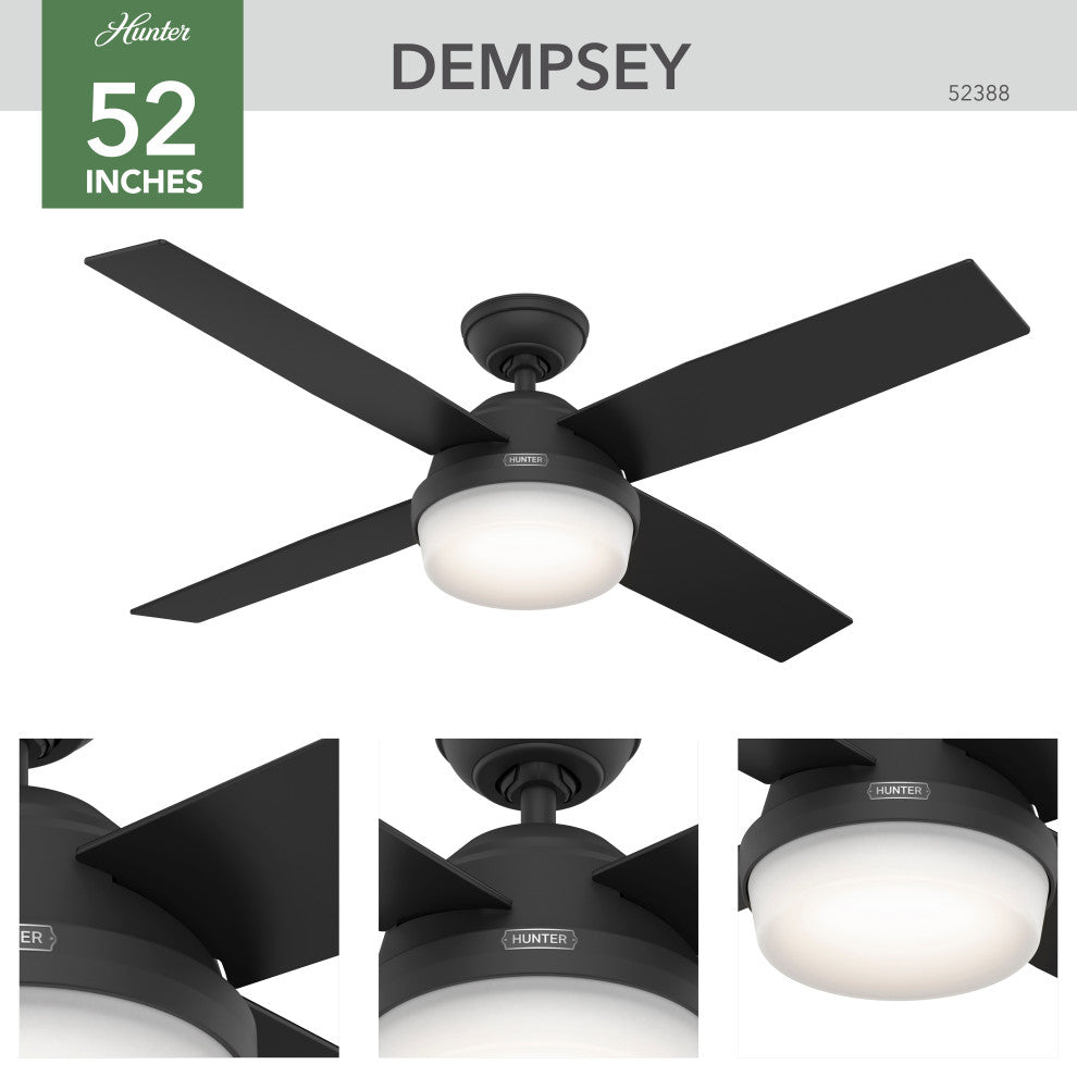 Hunter 52" Dempsey Matte Black Ceiling Fan, LED Kit, Remote