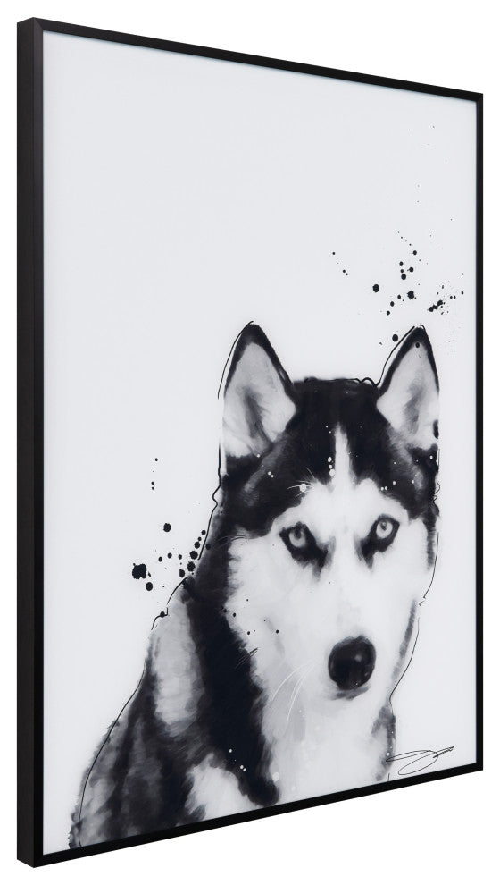 "Siberian Husky" Black and White Pet Art on Printed Glass with Anodized Frame