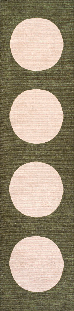 Cirkel Minimalist Geometric Dot Machine-Washable Area Rug, Olive/Cream, 2x8