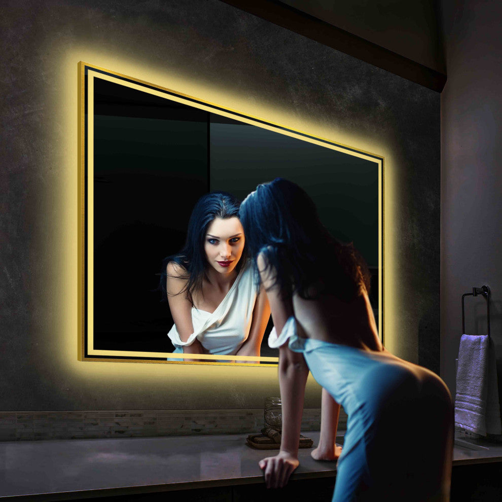 Fogless, Dimmable, Color Temperature Adjustable LED Mirror, Brush Gold, 48x36