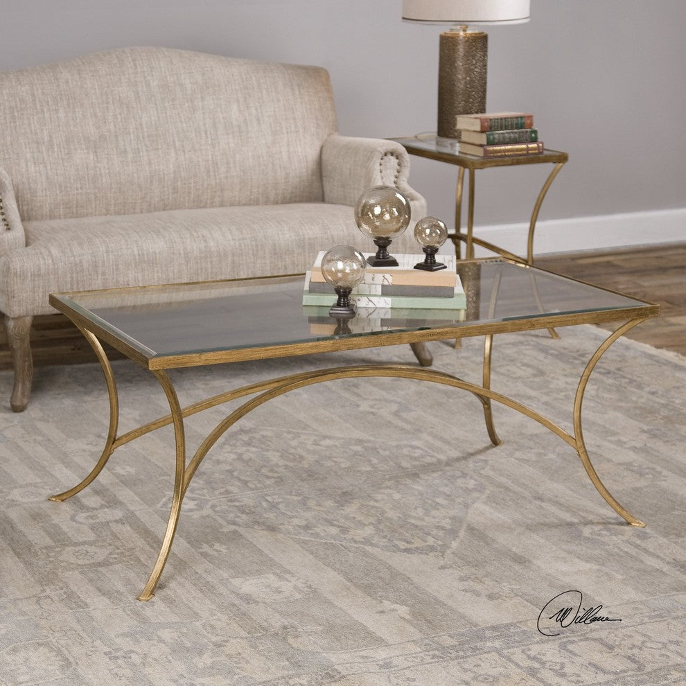 Minimalist Gold Arch Coffee Table, Metal Glass Top Elegant