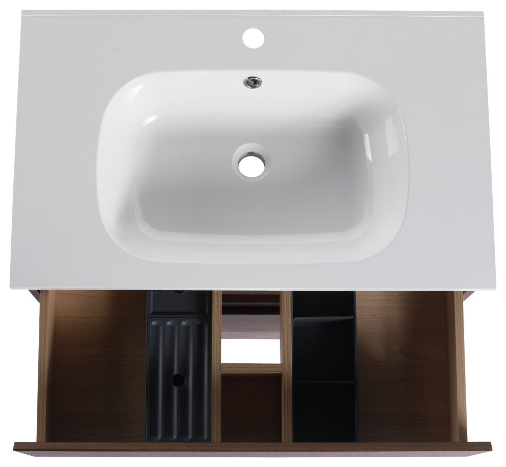 Wall-Mounted Plywood Bathroom Vanity Set in Light Oak with Integrated Gel Sink, Brown Oak, 30" X 18" X 20"
