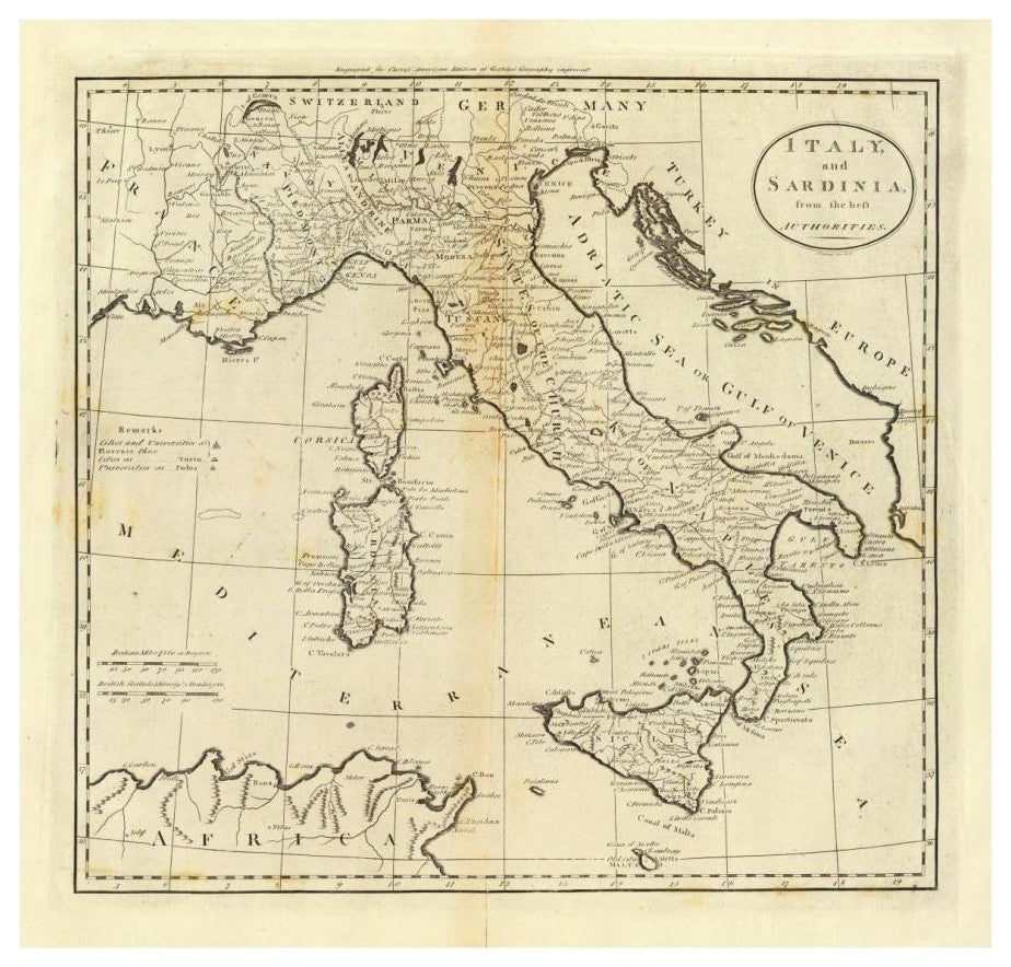 "Italy and Sardinia, 1796" Digital Paper Print by Mathew Carey, 18"x17"