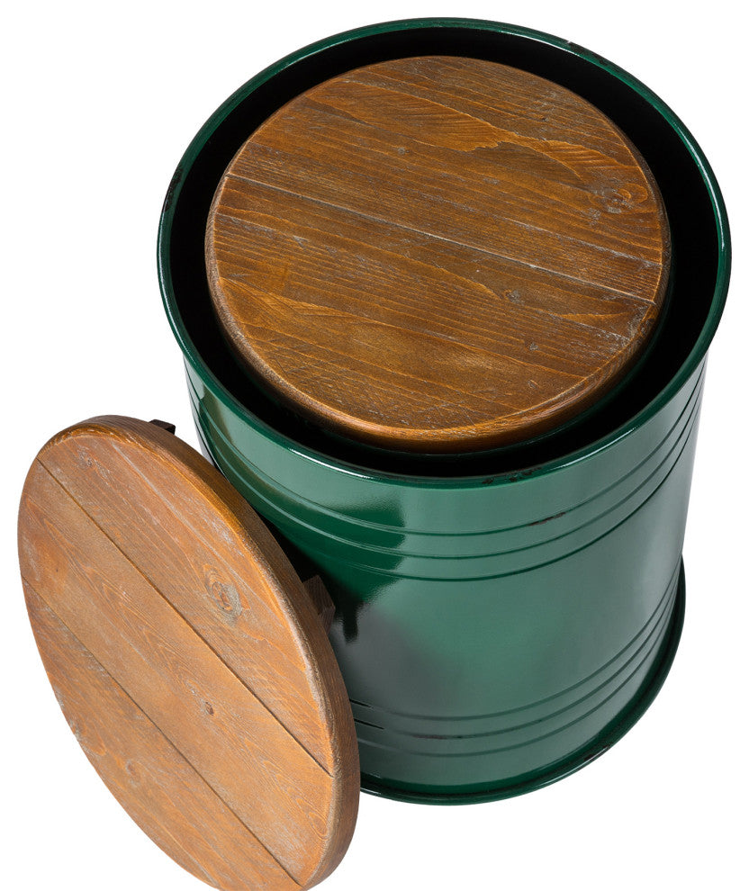Farmhouse Metal With Solid Wood Seat Storage Stool, Set of 2, Hunter Green
