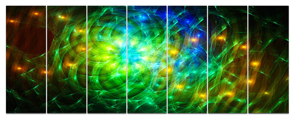 Green Fractal Symphony of Colors, Abstract Wall Art Canvas, 83"x32", 7 Panels