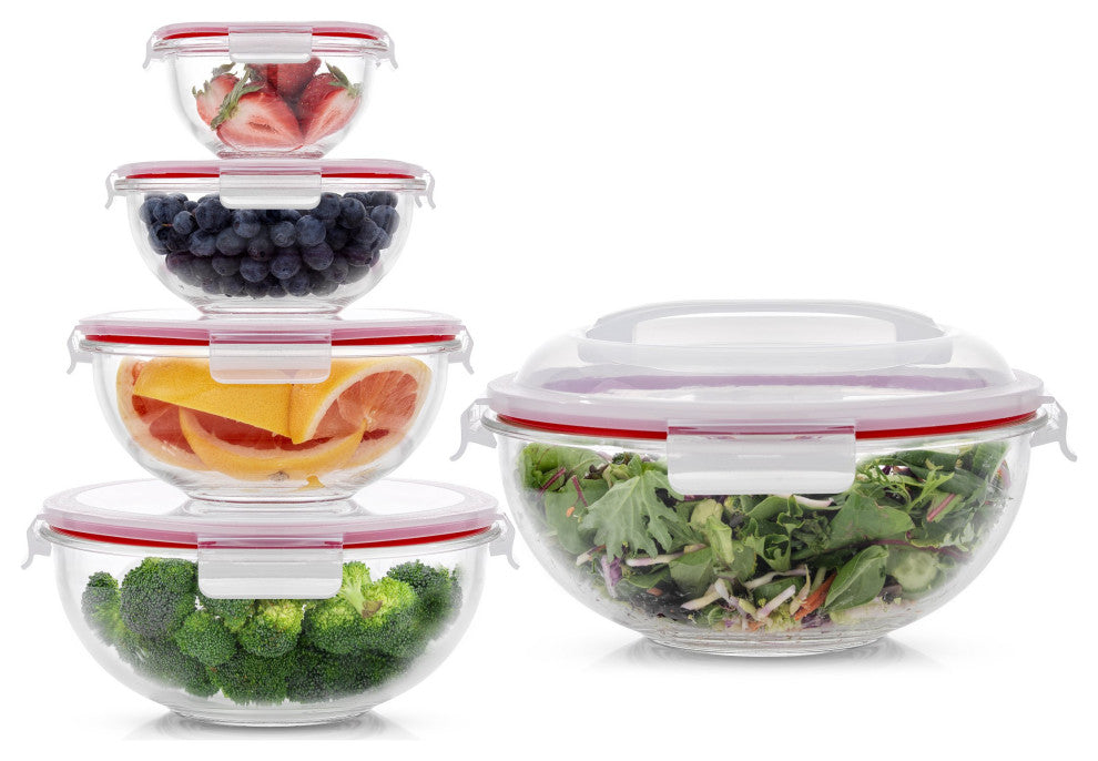 JoyFul Glass Mixing Bowl Set with Airtight Lids - Black, Clear/Red