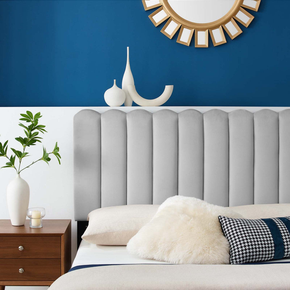 Headboard, King Size, Velvet, Light Gray, Modern Contemporary, Bedroom