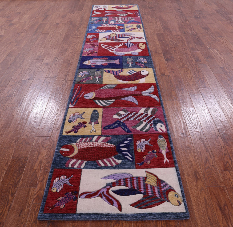 Runner Gabbeh Fish Design Hand-Knotted Wool Rug 3' 0" X 13' 9" - Q15789
