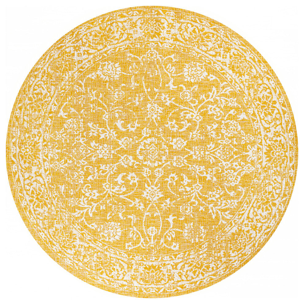 Tela Boho Textured Weave Floral Indoor/Outdoor Rug, Yellow/Cream, 5' Round