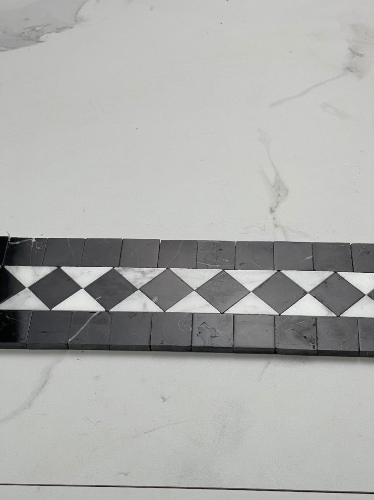 White Carrara Marble Classic Diamond Mosaic Border Listello Tile, 1 sheet