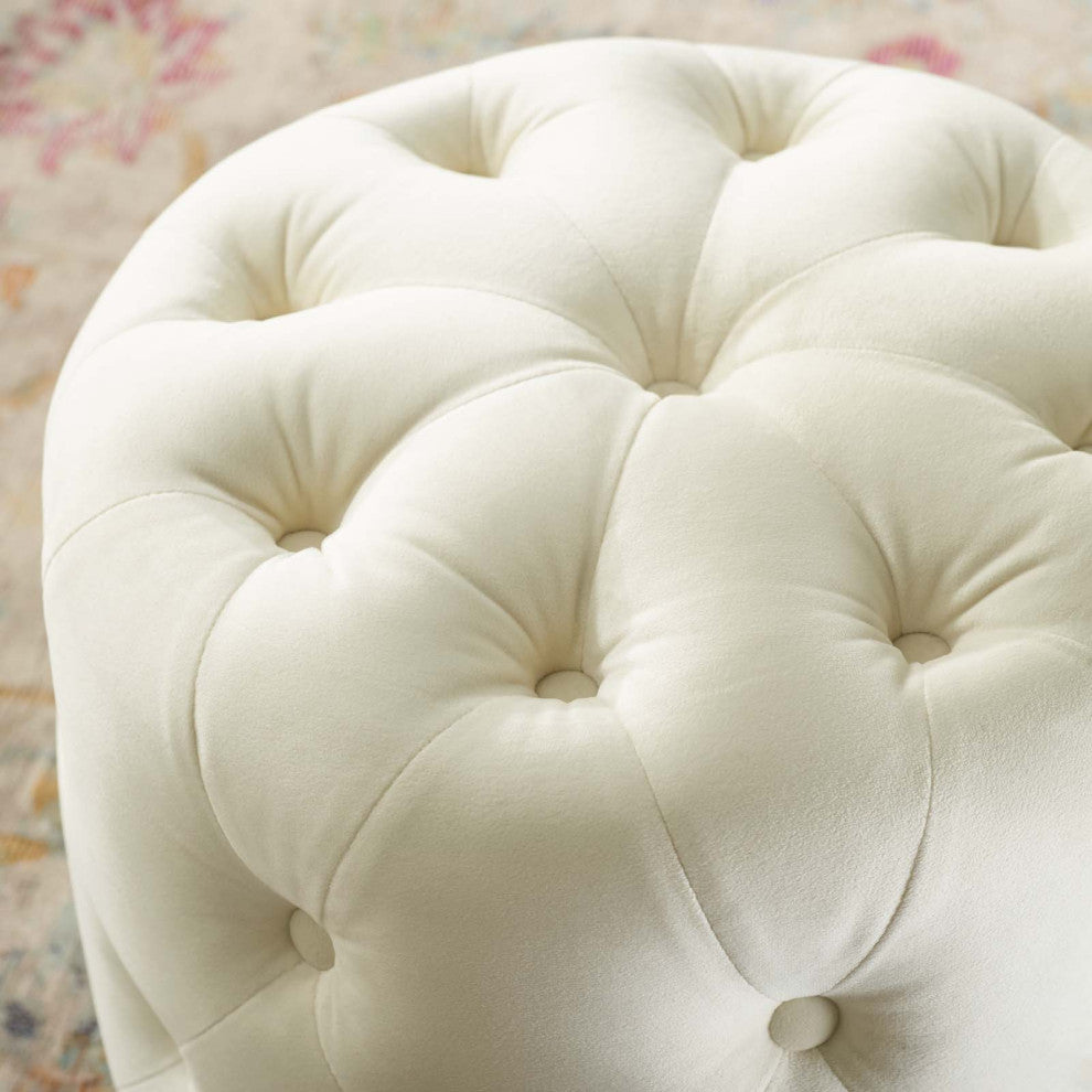 Tufted Accent Chair Ottoman, Round, Velvet, Ivory White, Modern, Lounge