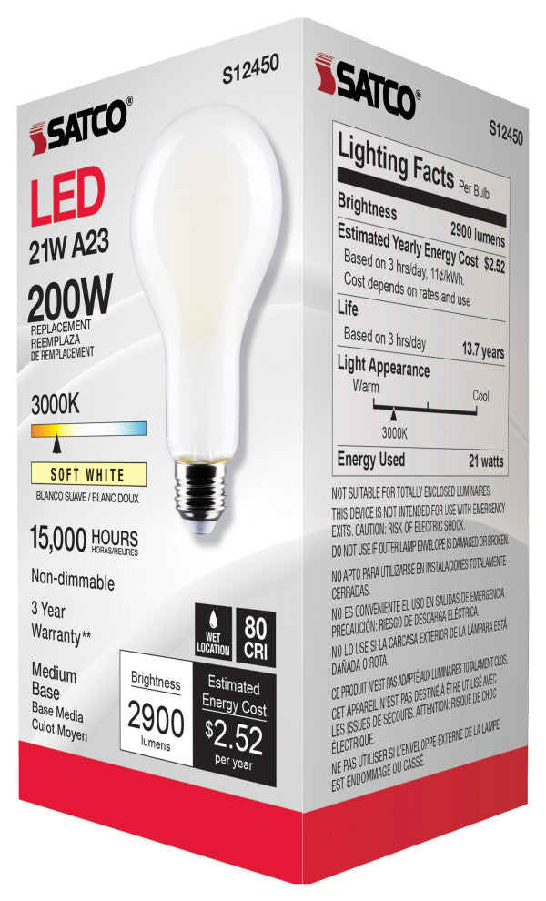 21W, A23 LED, Frost Finish, Medium Base, 3000K, 120V
