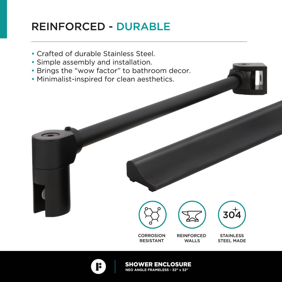 Shower Enclosure Neo Angle Frameless Tempered Glass, Black, 30" X 30"