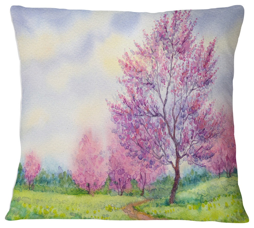Purple Spring Landscape Floral Throw Pillow, 18"x18"