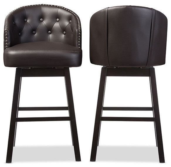 Avril Faux Leather Tufted Swivel Barstool With Nail Heads Trim, Set of 2, Brown