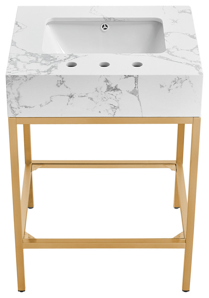Marmo Bathroom Vanity, White, 24" Wide, Brushed Brass Finish