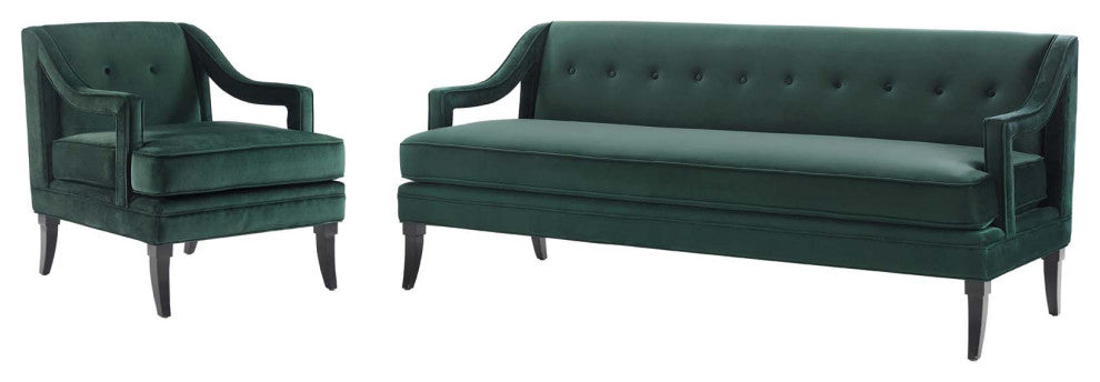 Sofa Armchair Set, Set of 2, Green, Velvet, Modern, Mid Century Hotel Lounge