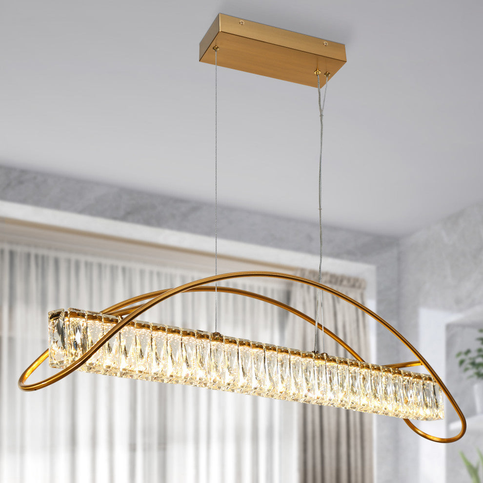 LNC Cardoon 1-Light 39.4" Modern Linear Crystal LED Kitchen Island Light, Brass