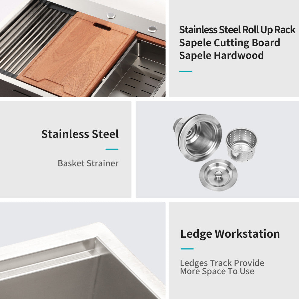 Stainless Steel 30 in. Single Bowl Drop-In Kitchen Sink with Workstation
