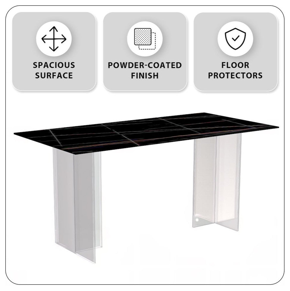 Kova Series Dining Table, Clear Base with 55 Black/Gold Sintered Stone Top
