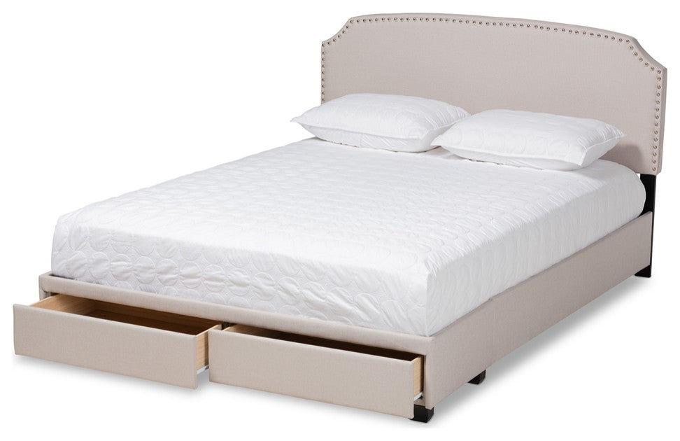 Beige Fabric Upholstered 2-Drawer King Size Platform Storage Bed