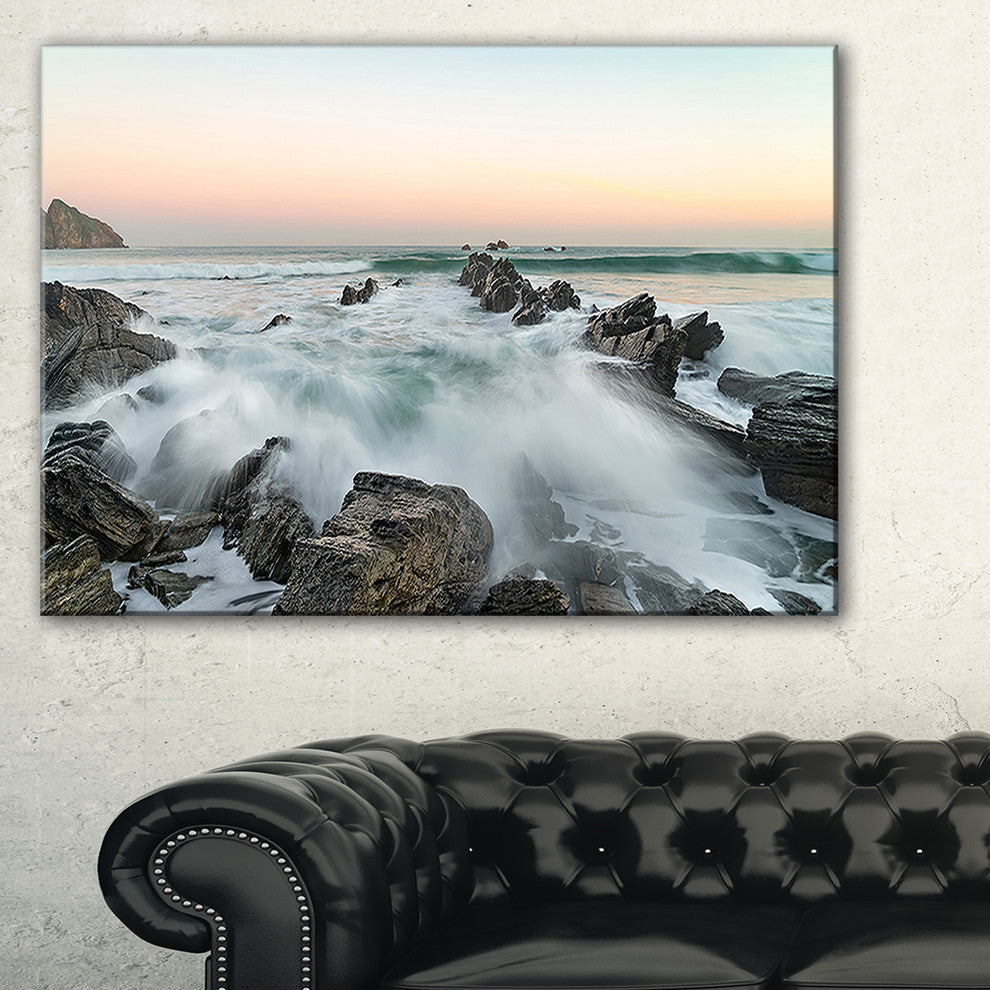 "Bay of Beaky Vibrant White Waves" Modern Seashore Canvas Art, 40"x30"