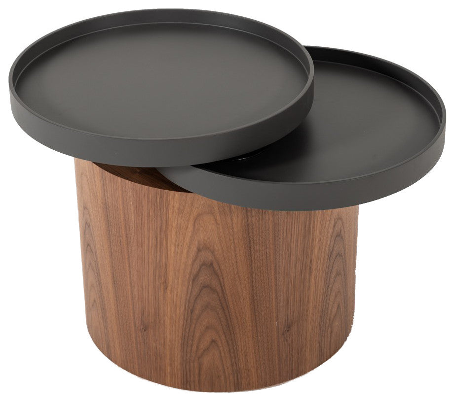 Benzara BM214822 Cylindrical Wooden End Table with Swivel Tray Top, Brown/Black