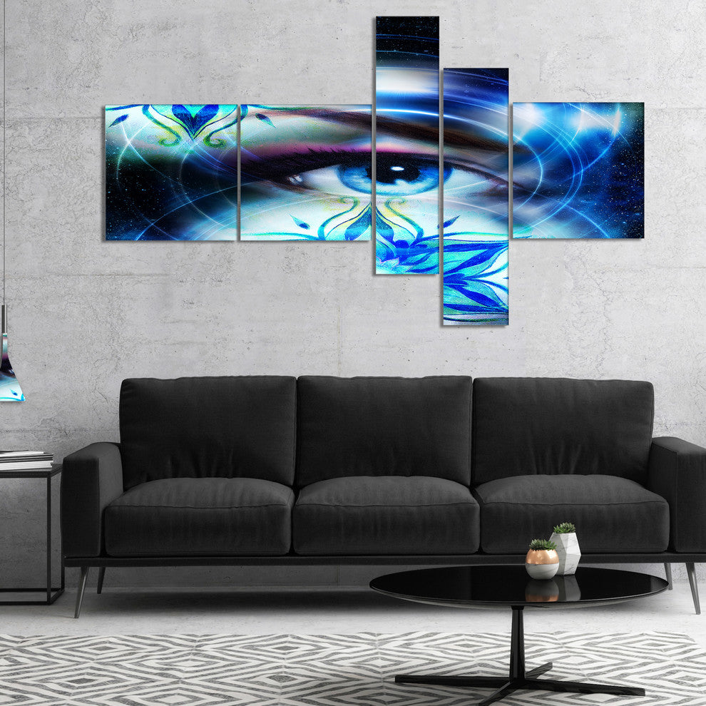 Woman Eye with Fractal Flowers, Floral Art Canvas Print, 60"x32", 5 panels