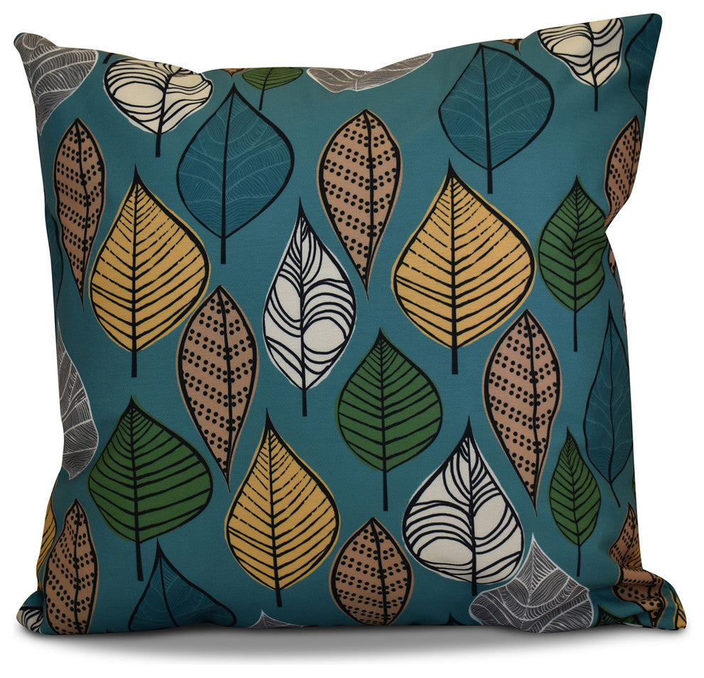 Autumn Leaves Floral Print Outdoor Pillow, Teal, 16"x16"