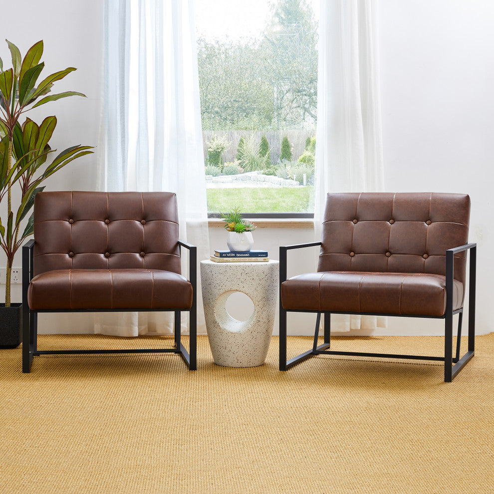 Modern Leatherette Accent Armchair With Black Metal Frame, Set of 2, Brown