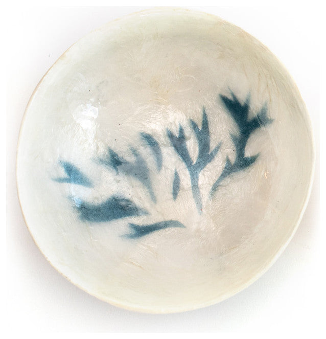 3.5" Round Capiz Bowl, Coral Design, Blue and Natural, Set of 2