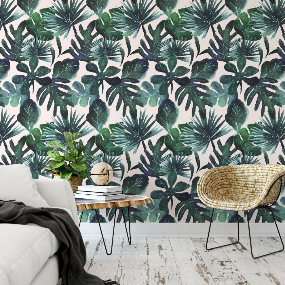 Tropical Leaves Deep Sea Blush Wallpaper, Sample 12"x8"