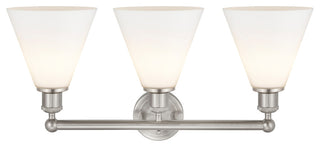 Berkshire 3-Light 26" Bath Vanity Light, Satin Nickel Finish, Matte White Shade