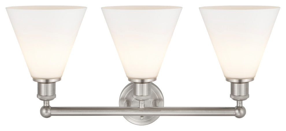 Berkshire 3-Light 26" Bath Vanity Light, Satin Nickel Finish, Matte White Shade