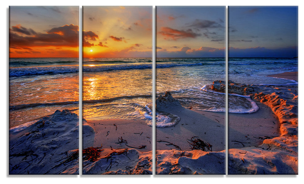 Beautiful Seashore with Yellow Sun, Seashore Canvas Print, 48"x28", 4 Panels