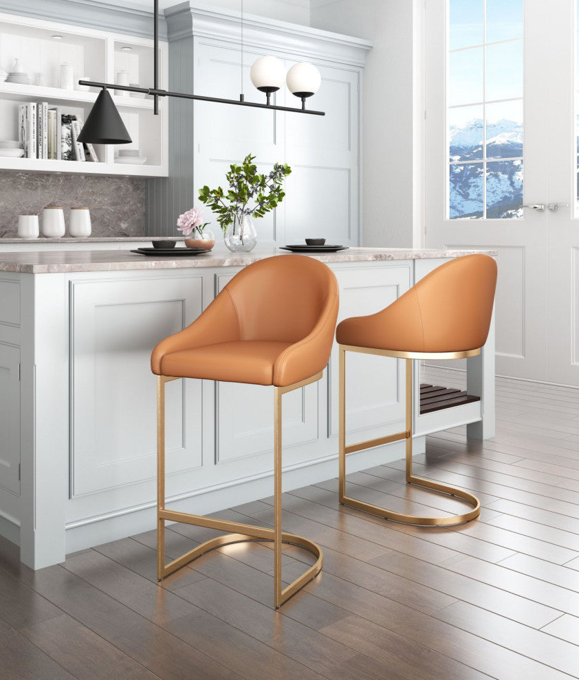 Counter Stool Chair, Faux Vinyl Leather, Steel, Tan, Gold, Kitchen Cafe Bistro
