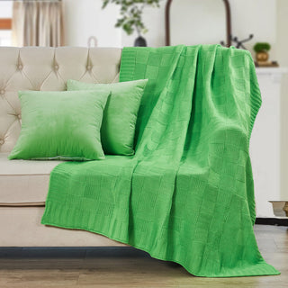 Checker Cable Throw & Pillow Shell 3 Piece Combo Set, Green Flash, 50"x60"