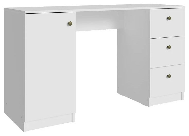 Modern Desk, Spacious Rectangular Top With Drawers & Single Door Cabinet, White