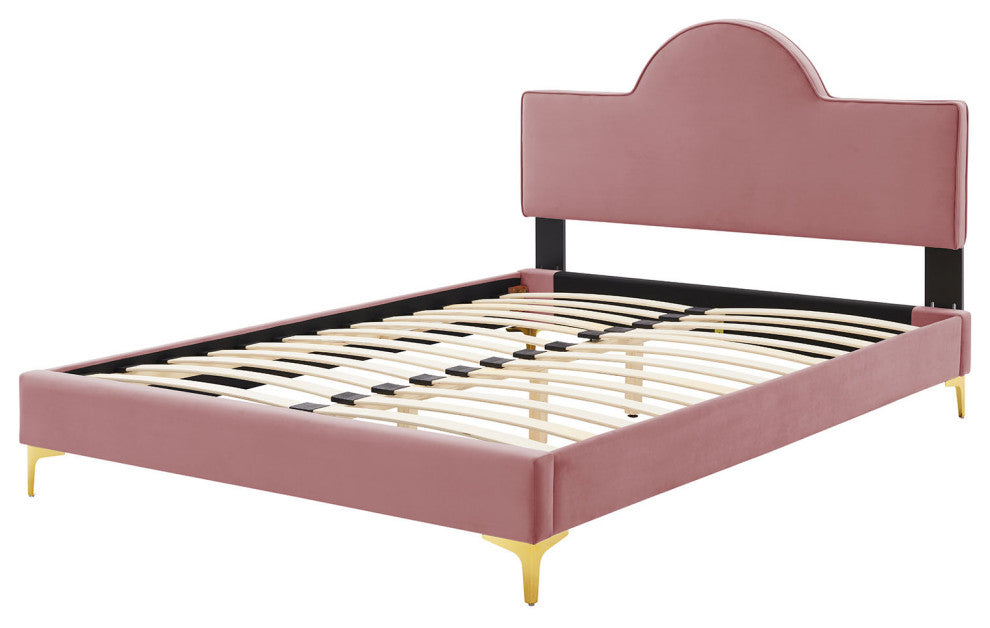 Platform Bed Frame, Queen Size, Pink, Velvet, Modern, Bedroom Guest Suite